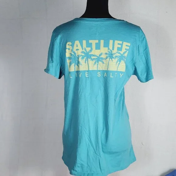 Salt Life Live Salty Pastel Green Yellow Cotton Cap Sleeve Palm Promenade Tee M - Picture 10 of 16